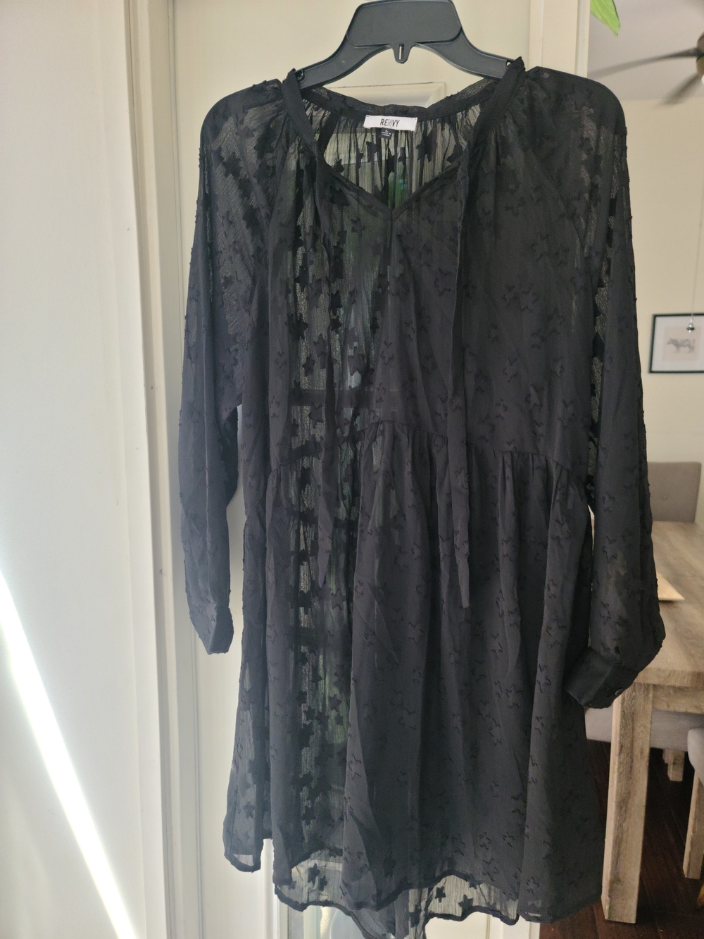 Renvy Black Sheer Long-Sleeve Babydoll Tunic Dress